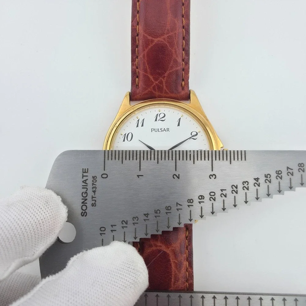 Vtg SEIKO PULSAR Watch Date Indicator Brown Croc Leather Band Gold Tone 8